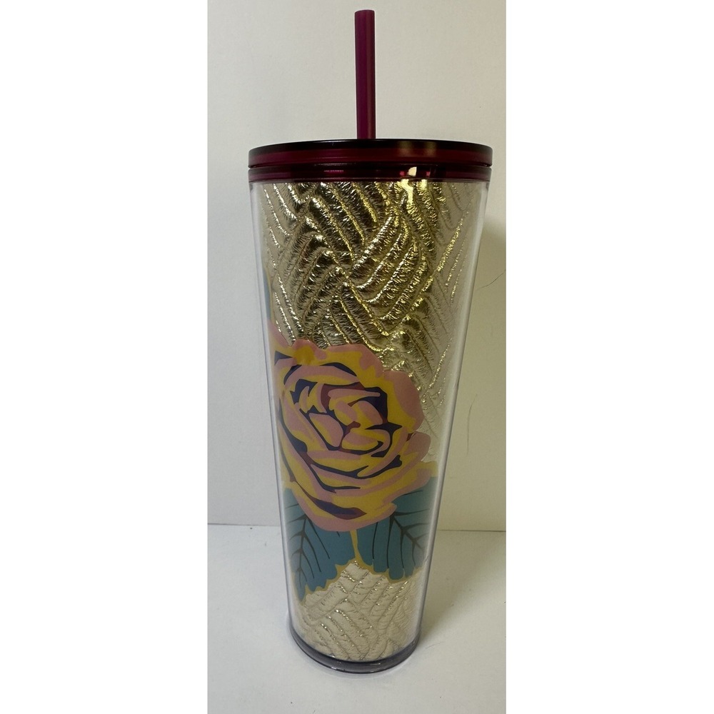 New Starbucks Fall 2020 Gold quilted with pink roses Tumbler.
